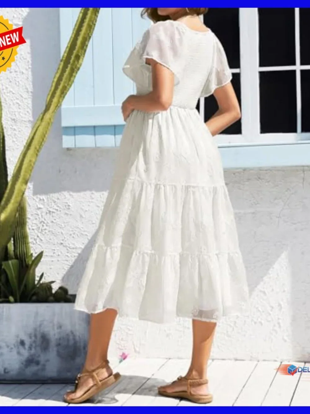 Maternity Midi Dress Flutter Sleeve Smocked Top A-Line Casual Summer - Picture 2 of 7